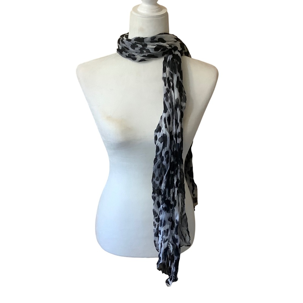 Black White Leopard Print Scarf Lightweight Crinkle Animal Print Long Wrap 64x9